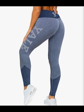 High-Waist Seamless Compression Yale Leggings with Lettering - Blue